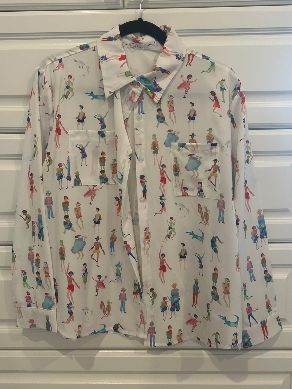 White Button-Front Women's Printed Shirt with Multicolor Figures